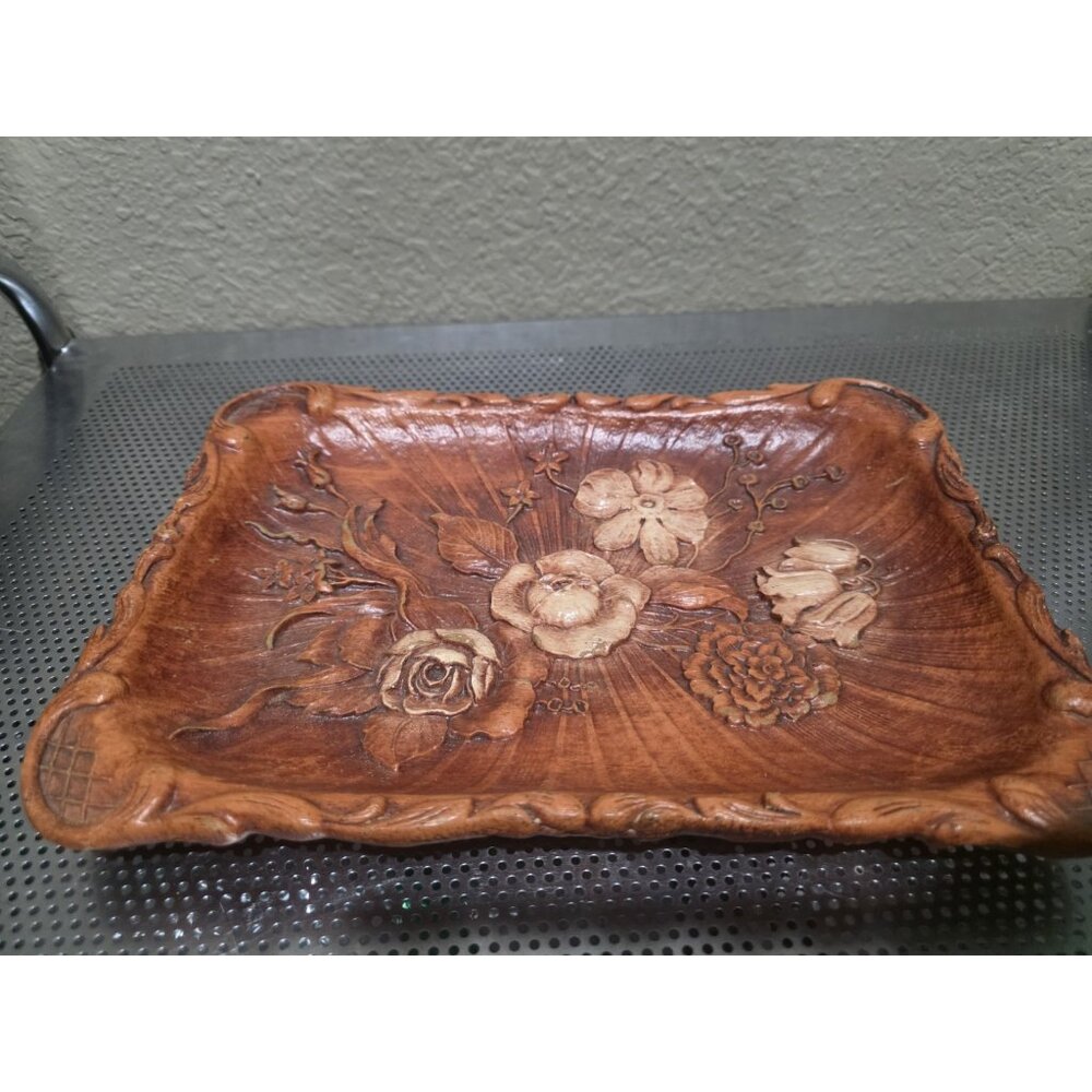Mid Century Vintage 1944 Multi-Products Inc, USA Carved Wood Tray Flower Design